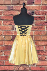 Strapless Lace-Up Yellow Satin Homecoming Dress,Short Cocktail Dress